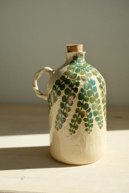 Capers olive oil bottle – handmade ceramic olive oil bottle with green caper leaf pattern, cork and twisted handle