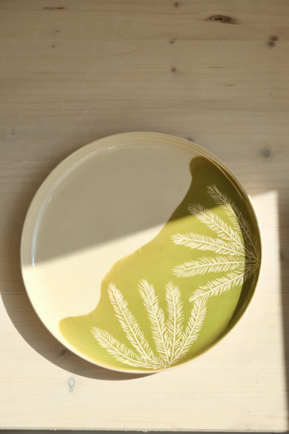 Rosemary plate – handmade stoneware plate with olive green glaze and carved rosemary, from above