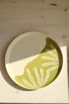 Rosemary plate – handmade stoneware plate with olive green glaze and carved rosemary, from above