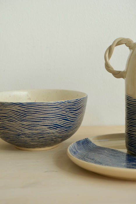 Deep Blue bowl with Deep Blue plate and oil bottle