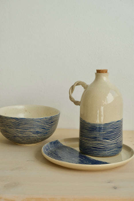 Deep Blue bowl, plate and olive oil bottle set