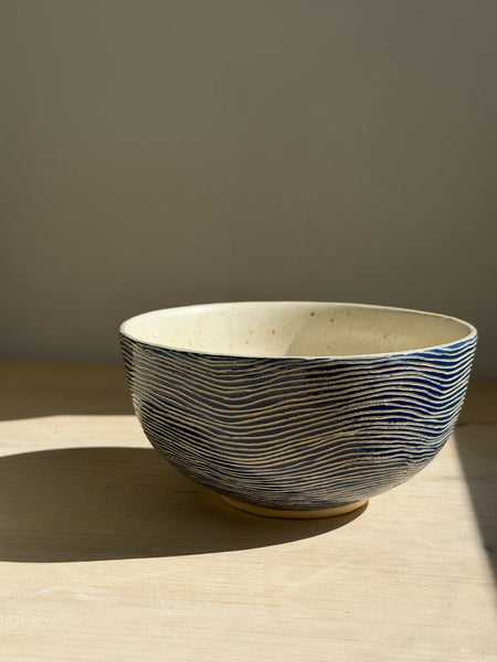 Deep Blue bowl – handmade stoneware bowl with carved blue wave lines