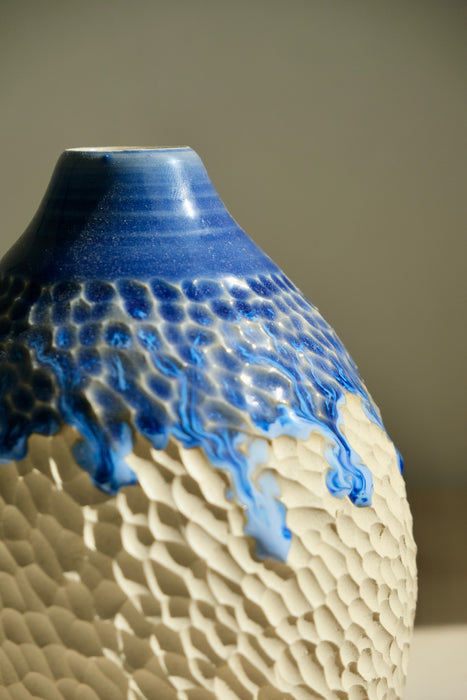 Deep Blue vase – close-up of blue glaze over carved stoneware